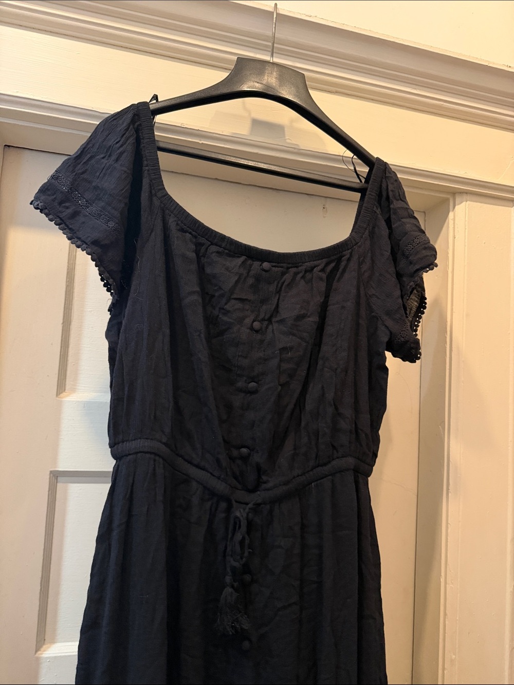 High-low cotton black Short-Sleeve Cotton Dress with Tassel Waist